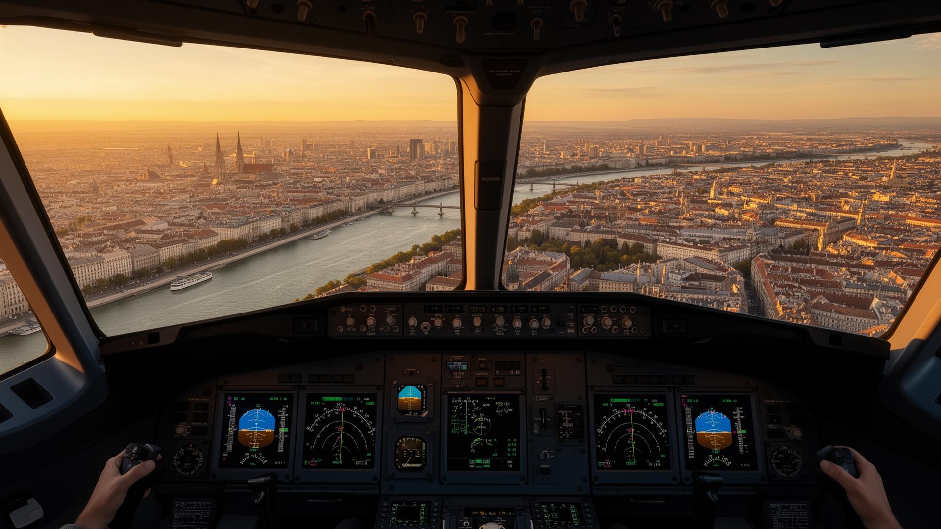 Boeing 737 Cockpit mit Blick auf Wien
